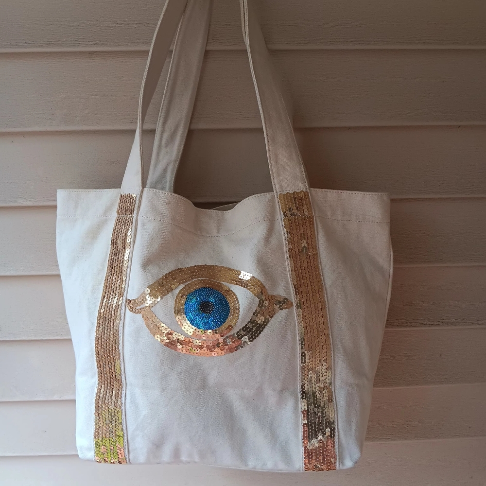 Deux Lux Evil Eye Sequin Sturdy Canvas Tote With Magnetic Button